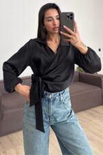 Çapraz Bağlamalı Saten Gömlek Siyah