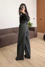 Önü Çapraz Detaylı Gömlek Pantolon Takım Antrasit - Görsel 4