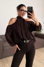 Şifon Boyundan Bağlamalı Bluz Kahverengi