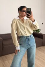 Yakası Beyaz Çizgili Gömlek Sarı