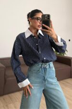 Yakası Beyaz Çizgili Gömlek Lacivert