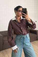 Yakası Beyaz Çizgili Gömlek Bordo