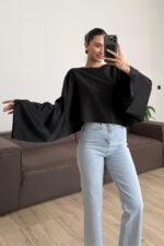 Yarasa Kol Saten Bluz Siyah