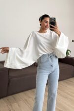 Yarasa Kol Saten Bluz Beyaz