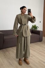 Çizgili Yakasız Ceket Şalvar Pantolon Takım Haki