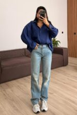 Paçası Kesik Straight Mavi Yıkamalı Jean