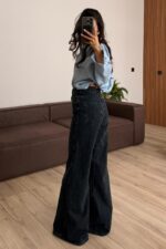 Çizgili İspanyol Paça Lacivert Jean - Görsel 4