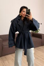Premium Kısa Oversize Trenç Lacivert