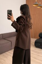 Rosa Yakası Fırfırlı Ceket Kahverengi - Görsel 4