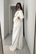 Rosa Pileli Palazzo Pantolon Beyaz - Görsel 4