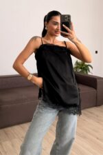 Askılı Dantel Detaylı Bluz Siyah