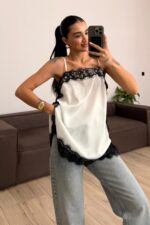 Askılı Dantel Detaylı Bluz Beyaz