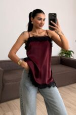 Askılı Dantel Detaylı Bluz Bordo