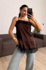 Askılı Dantel Detaylı Bluz Kahverengi