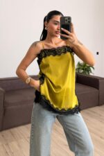 Askılı Dantel Detaylı Bluz Yağ Yeşil