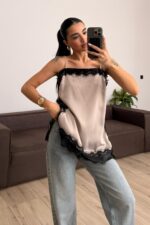 Askılı Dantel Detaylı Bluz Vizon