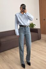 Paçası Kesik Straight Mavi Eskitme Jean