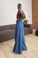 Pileli Denim Görünümlü Pantolon Mavi - Görsel 3