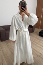 Balon Kol Uzun Gömlek Elbise Beyaz - Görsel 2