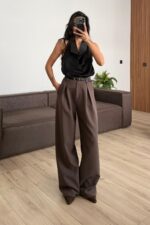 Pileli İçten Pervazlı Pantolon Kahveı