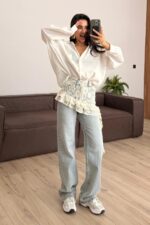 Beli Çiçek Dantelli Wide Leg Açık Mavi Jean