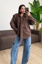 Oversize Çizgili Fular Detaylı Gömlek Kahverengi