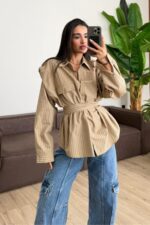 Oversize Çizgili Fular Detaylı Gömlek Camel