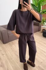Tensel Kumaş Tişört Pantolon Takım Acı Kahve - Görsel 2