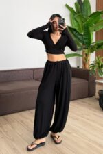 Vena Bağlamalı Crop Şalvar Pantolon Takım Siyah