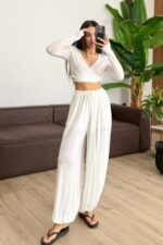 Vena Bağlamalı Crop Şalvar Pantolon Takım Ekru