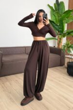 Vena Bağlamalı Crop Şalvar Pantolon Takım Kahverengi