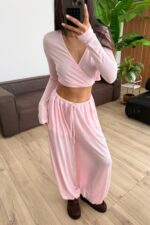 Vena Bağlamalı Crop Şalvar Pantolon Takım Pembe - Görsel 2