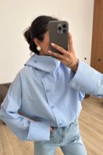 Tasarım Dik Yaka Gömlek Mavi - Görsel 2