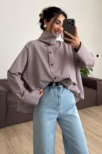 Tasarım Dik Yaka Gömlek Kahverengi