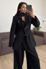 Aksesuar Şallı Ceket Pantolon Takım Siyah - Görsel 2