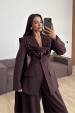 Aksesuar Şallı Ceket Pantolon Takım Kahverengi - Görsel 2