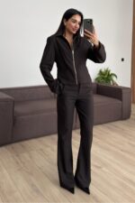 Çizgili Fermuarlı Ceket Pantolon Takım Kahverengi