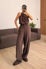 Omuzdan Bağlamalı Halter Yaka Takım Kahverengi