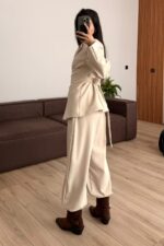 Drapeli Beli Bağlamalı Şalvar Takım Bej - Görsel 4