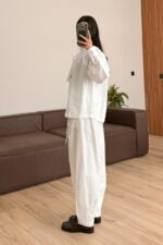 Yakası Kemerli Balon Kol Paraşüt Takım Beyaz - Görsel 5