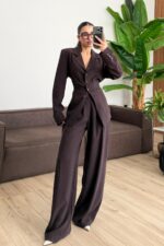 Breeze Bağlamalı Gömlek Pantolon Takım Kahverengi