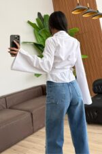 Beli Bağlamalı Geniş Yaka Gömlek Beyaz - Görsel 3