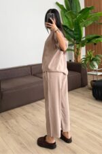 Tensel Kumaş Tişört Pantolon Takım Koyu Bej - Görsel 4