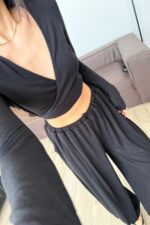 Vena Bağlamalı Crop Şalvar Pantolon Takım Siyah - Görsel 3