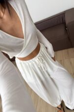 Vena Bağlamalı Crop Şalvar Pantolon Takım Ekru - Görsel 3