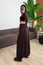 Vena Bağlamalı Crop Şalvar Pantolon Takım Kahverengi - Görsel 4