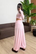 Vena Bağlamalı Crop Şalvar Pantolon Takım Pembe - Görsel 4