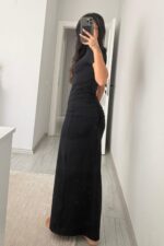 Üstü Bady Suit Drapeli Soft Touch Elbise Siyah - Görsel 4