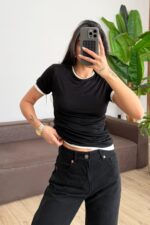 Çift Katlı İki Renk Tişört Siyah