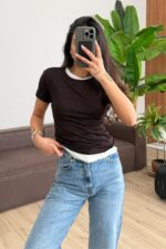 Çift Katlı İki Renk Tişört Kahverengi